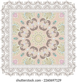 Decorative doodle ornament, symmetric pattern with lace frame. Tribal ethnic mandala decor. Bandana shawl, hijab, tablecloth fabric print, silk neck scarf, kerchief design. Colorful vector background