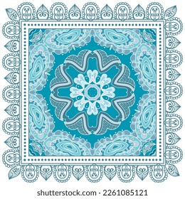 Decorative doodle ornament, symmetric pattern with lace frame. Tribal ethnic mandala decor. Bandana shawl, hijab, tablecloth fabric print, silk neck scarf, kerchief design. Colorful vector background