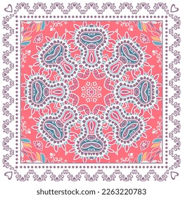 Decorative doodle ornament, symmetric pattern with lace frame. Tribal ethnic mandala decor. Bandana shawl, hijab, tablecloth fabric print, silk neck scarf, kerchief design. Colorful vector background