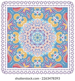 Decorative doodle ornament, symmetric pattern with lace frame. Tribal ethnic mandala decor. Bandana shawl, hijab, tablecloth fabric print, silk neck scarf, kerchief design. Colorful vector background