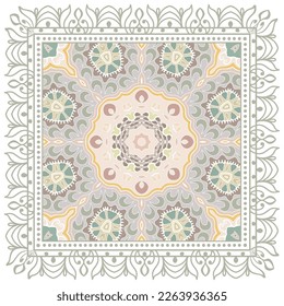 Ornamento doodle decorativo, patrón simétrico con marco de encaje. Decoración de mandala étnica tribal. Chal de andana, hijab, estampado de tela de mantel, pañuelo de cuello de seda, diseño de pañuelos. Fondo de vector colorido