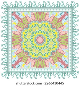 Dekorative Doodle-Ornament, symmetrisches Muster mit Spitzenrahmen. Ethnisch-ethnische Mandalendekor. Bandana-Schal, Hijab, Tischdecken-Stoffdruck, Seidenhalsschal, Kerochdesign. Farbiger Vektorhintergrund