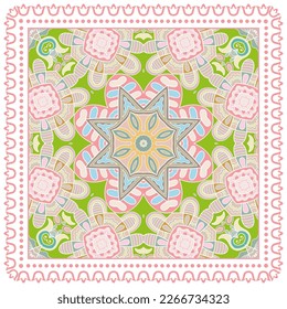 Decorative doodle ornament, symmetric pattern with lace frame. Tribal ethnic mandala decor. Bandana shawl, hijab, tablecloth fabric print, silk neck scarf, kerchief design. Colorful vector background