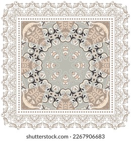 Decorative doodle ornament, symmetric pattern with lace frame. Tribal ethnic mandala decor. Bandana shawl, hijab, tablecloth fabric print, silk neck scarf, kerchief design. Colorful vector background