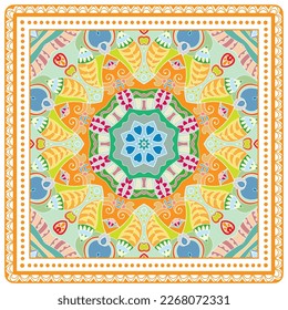 Decorative doodle ornament, symmetric pattern with lace frame. Tribal ethnic mandala decor. Bandana shawl, hijab, tablecloth fabric print, silk neck scarf, kerchief design. Colorful vector background