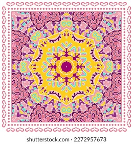 Decorative doodle ornament, symmetric pattern with lace frame. Tribal ethnic mandala decor. Bandana shawl, hijab, tablecloth fabric print, silk neck scarf, kerchief design. Colorful vector background