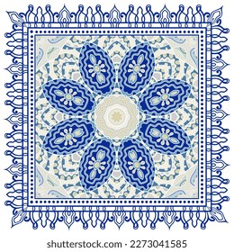 Decorative doodle ornament, symmetric pattern with lace frame. Tribal ethnic mandala decor. Bandana shawl, hijab, tablecloth fabric print, silk neck scarf, kerchief design. Colorful vector background