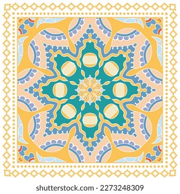 Ornamento doodle decorativo, patrón simétrico con marco de encaje. Decoración de mandala étnica tribal. Chal de andana, hijab, estampado de tela de mantel, pañuelo de cuello de seda, diseño de pañuelos. Fondo de vector colorido