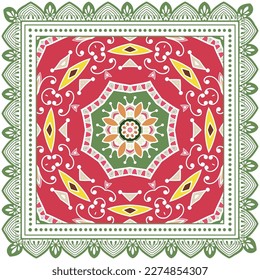 Decorative doodle ornament, symmetric pattern with lace frame. Tribal ethnic mandala decor. Bandana shawl, hijab, tablecloth fabric print, silk neck scarf, kerchief design. Colorful vector background