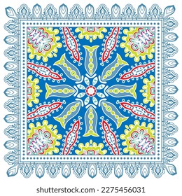 Decorative doodle ornament, symmetric pattern with lace frame. Tribal ethnic mandala decor. Bandana shawl, hijab, tablecloth fabric print, silk neck scarf, kerchief design. Colorful vector background