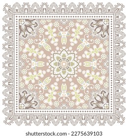 Dekorative Doodle-Ornament, symmetrisches Muster mit Spitzenrahmen. Ethnisch-ethnische Mandalendekor. Bandana-Schal, Hijab, Tischdecken-Stoffdruck, Seidenhalsschal, Kerochdesign. Farbiger Vektorhintergrund