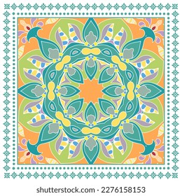Decorative doodle ornament, symmetric pattern with lace frame. Tribal ethnic mandala decor. Bandana shawl, hijab, tablecloth fabric print, silk neck scarf, kerchief design. Colorful vector background