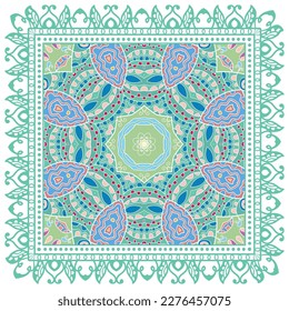 Dekorative Doodle-Ornament, symmetrisches Muster mit Spitzenrahmen. Ethnisch-ethnische Mandalendekor. Bandana-Schal, Hijab, Tischdecken-Stoffdruck, Seidenhalsschal, Kerochdesign. Farbiger Vektorhintergrund