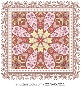 Decorative doodle ornament, symmetric pattern with lace frame. Tribal ethnic mandala decor. Bandana shawl, hijab, tablecloth fabric print, silk neck scarf, kerchief design. Colorful vector background