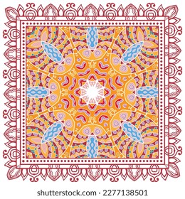 Dekorative Doodle-Ornament, symmetrisches Muster mit Spitzenrahmen. Ethnisch-ethnische Mandalendekor. Bandana-Schal, Hijab, Tischdecken-Stoffdruck, Seidenhalsschal, Kerochdesign. Farbiger Vektorhintergrund