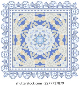 Ornamento doodle decorativo, patrón simétrico con marco de encaje. Decoración de mandala étnica tribal. Chal de andana, hijab, estampado de tela de mantel, pañuelo de cuello de seda, diseño de pañuelos. Fondo de vector colorido