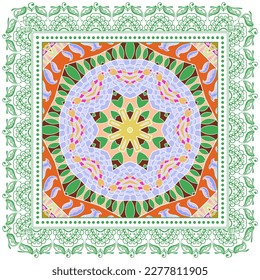 Decorative doodle ornament, symmetric pattern with lace frame. Tribal ethnic mandala decor. Bandana shawl, hijab, tablecloth fabric print, silk neck scarf, kerchief design. Colorful vector background