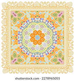 Ornamento doodle decorativo, patrón simétrico con marco de encaje. Decoración de mandala étnica tribal. Chal de andana, hijab, estampado de tela de mantel, pañuelo de cuello de seda, diseño de pañuelos. Fondo de vector colorido