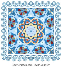 Decorative doodle ornament, symmetric pattern with lace frame. Tribal ethnic mandala decor. Bandana shawl, hijab, tablecloth fabric print, silk neck scarf, kerchief design. Colorful vector background