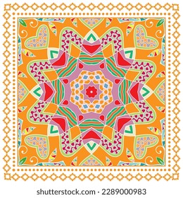 Decorative doodle ornament, symmetric pattern with lace frame. Tribal ethnic mandala decor. Bandana shawl, hijab, tablecloth fabric print, silk neck scarf, kerchief design. Colorful vector background