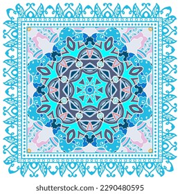 Ornamento doodle decorativo, patrón simétrico con marco de encaje. Decoración de mandala étnica tribal. Chal de andana, hijab, estampado de tela de mantel, pañuelo de cuello de seda, diseño de pañuelos. Fondo de vector colorido