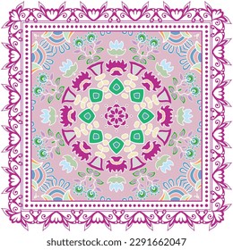 Ornamento doodle decorativo, patrón simétrico con marco de encaje. Decoración de mandala étnica tribal. Chal de andana, hijab, estampado de tela de mantel, pañuelo de cuello de seda, diseño de pañuelos. Fondo de vector colorido