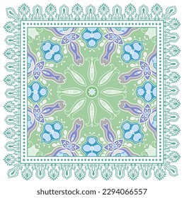 Decorative doodle ornament, symmetric pattern with lace frame. Tribal ethnic mandala decor. Bandana shawl, hijab, tablecloth fabric print, silk neck scarf, kerchief design. Colorful vector background