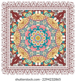 Ornamento doodle decorativo, patrón simétrico con marco de encaje. Decoración de mandala étnica tribal. Chal de andana, hijab, estampado de tela de mantel, pañuelo de cuello de seda, diseño de pañuelos. Fondo de vector colorido