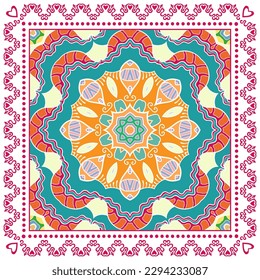 Dekorative Doodle-Ornament, symmetrisches Muster mit Spitzenrahmen. Ethnisch-ethnische Mandalendekor. Bandana-Schal, Hijab, Tischdecken-Stoffdruck, Seidenhalsschal, Kerochdesign. Farbiger Vektorhintergrund