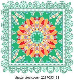 Decorative doodle ornament, symmetric pattern with lace frame. Tribal ethnic mandala decor. Bandana shawl, hijab, tablecloth fabric print, silk neck scarf, kerchief design. Colorful vector background