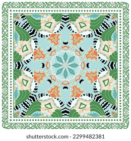 Decorative doodle ornament, symmetric pattern with lace frame. Tribal ethnic mandala decor. Bandana shawl, hijab, tablecloth fabric print, silk neck scarf, kerchief design. Colorful vector background