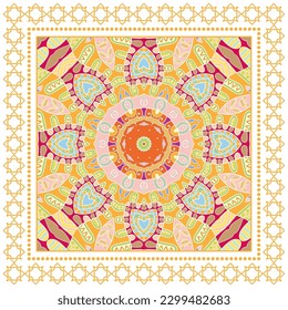 Decorative doodle ornament, symmetric pattern with lace frame. Tribal ethnic mandala decor. Bandana shawl, hijab, tablecloth fabric print, silk neck scarf, kerchief design. Colorful vector background