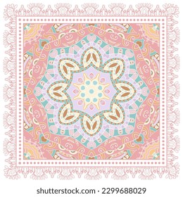Decorative doodle ornament, symmetric pattern with lace frame. Tribal ethnic mandala decor. Bandana shawl, hijab, tablecloth fabric print, silk neck scarf, kerchief design. Colorful vector background