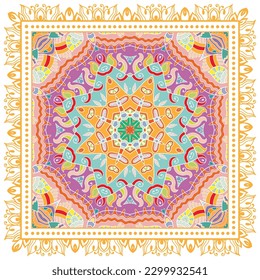 Decorative doodle ornament, symmetric pattern with lace frame. Tribal ethnic mandala decor. Bandana shawl, hijab, tablecloth fabric print, silk neck scarf, kerchief design. Colorful vector background