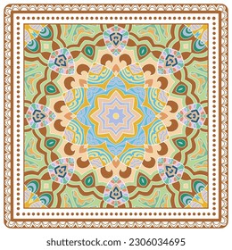 Ornamento doodle decorativo, patrón simétrico con marco de encaje. Decoración de mandala étnica tribal. Chal de andana, hijab, estampado de tela de mantel, pañuelo de cuello de seda, diseño de pañuelos. Fondo de vector colorido