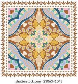 Decorative doodle ornament, symmetric pattern with lace frame. Tribal ethnic mandala decor. Bandana shawl, hijab, tablecloth fabric print, silk neck scarf, kerchief design. Colorful vector background