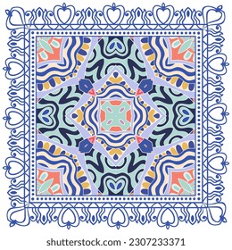 Ornamento doodle decorativo, patrón simétrico con marco de encaje. Decoración de mandala étnica tribal. Chal de andana, hijab, estampado de tela de mantel, pañuelo de cuello de seda, diseño de pañuelos. Fondo de vector colorido