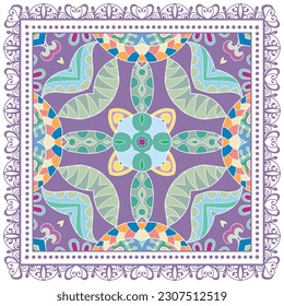 Decorative doodle ornament, symmetric pattern with lace frame. Tribal ethnic mandala decor. Bandana shawl, hijab, tablecloth fabric print, silk neck scarf, kerchief design. Colorful vector background