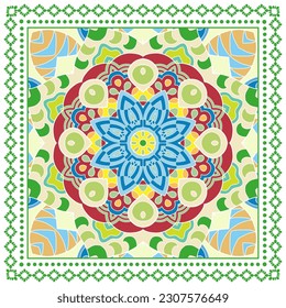 Decorative doodle ornament, symmetric pattern with lace frame. Tribal ethnic mandala decor. Bandana shawl, hijab, tablecloth fabric print, silk neck scarf, kerchief design. Colorful vector background