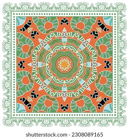 Decorative doodle ornament, symmetric pattern with lace frame. Tribal ethnic mandala decor. Bandana shawl, hijab, tablecloth fabric print, silk neck scarf, kerchief design. Colorful vector background