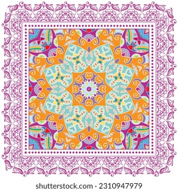 Decorative doodle ornament, symmetric pattern with lace frame. Tribal ethnic mandala decor. Bandana shawl, hijab, tablecloth fabric print, silk neck scarf, kerchief design. Colorful vector background