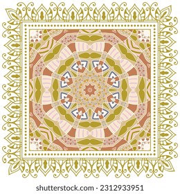 Decorative doodle ornament, symmetric pattern with lace frame. Tribal ethnic mandala decor. Bandana shawl, hijab, tablecloth fabric print, silk neck scarf, kerchief design. Colorful vector background