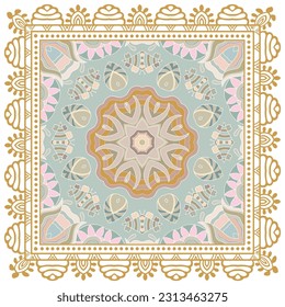 Decorative doodle ornament, symmetric pattern with lace frame. Tribal ethnic mandala decor. Bandana shawl, hijab, tablecloth fabric print, silk neck scarf, kerchief design. Colorful vector background