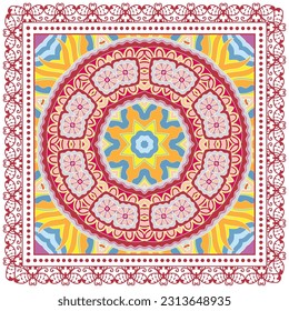 Dekorative Doodle-Ornament, symmetrisches Muster mit Spitzenrahmen. Ethnisch-ethnische Mandalendekor. Bandana-Schal, Hijab, Tischdecken-Stoffdruck, Seidenhalsschal, Kerochdesign. Farbiger Vektorhintergrund