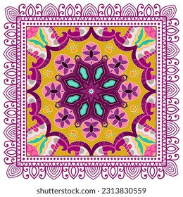 Decorative doodle ornament, symmetric pattern with lace frame. Tribal ethnic mandala decor. Bandana shawl, hijab, tablecloth fabric print, silk neck scarf, kerchief design. Colorful vector background