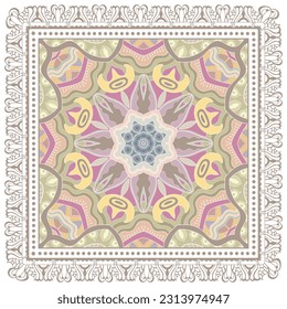 Decorative doodle ornament, symmetric pattern with lace frame. Tribal ethnic mandala decor. Bandana shawl, hijab, tablecloth fabric print, silk neck scarf, kerchief design. Colorful vector background