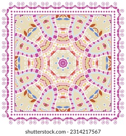 Decorative doodle ornament, symmetric pattern with lace frame. Tribal ethnic mandala decor. Bandana shawl, hijab, tablecloth fabric print, silk neck scarf, kerchief design. Colorful vector background