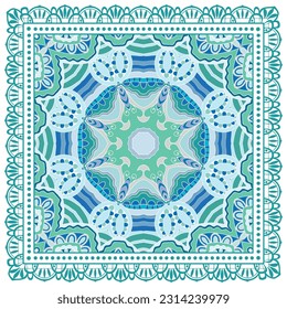 Decorative doodle ornament, symmetric pattern with lace frame. Tribal ethnic mandala decor. Bandana shawl, hijab, tablecloth fabric print, silk neck scarf, kerchief design. Colorful vector background