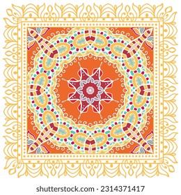 Decorative doodle ornament, symmetric pattern with lace frame. Tribal ethnic mandala decor. Bandana shawl, hijab, tablecloth fabric print, silk neck scarf, kerchief design. Colorful vector background