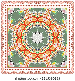 Decorative doodle ornament, symmetric pattern with lace frame. Tribal ethnic mandala decor. Bandana shawl, hijab, tablecloth fabric print, silk neck scarf, kerchief design. Colorful vector background